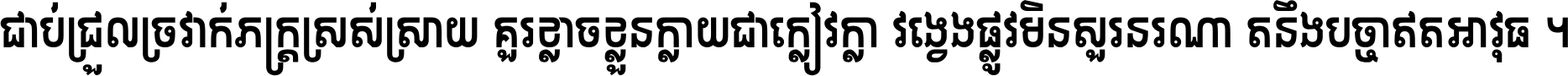 ជាប់​ជ្រួល​ច្រវាក់​ភក្ត្រ​ស្រស់ស្រាយ គួរ​ខ្លាច​ខ្លួន​ក្លាយ​ជា​ក្លៀវក្លា វង្វេង​ផ្លូវ​មិន​សួរន​រណា តនឹងបច្ចា​ឥត​អាវុធ ។