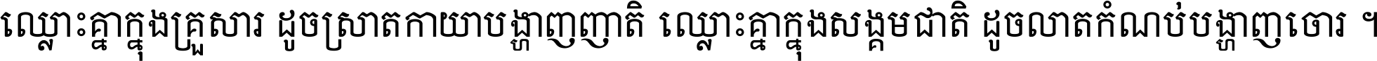 ឈ្លោះ​គ្នា​ក្នុង​គ្រួសារ ដូច​ស្រាត​កាយា​បង្ហាញ​ញាតិ ឈ្លោះគ្នាក្នុង​សង្គមជាតិ ដូច​លាត​កំណប់​បង្ហាញ​ចោរ ។