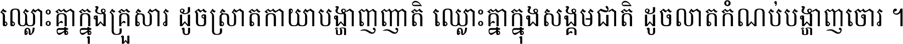ឈ្លោះ​គ្នា​ក្នុង​គ្រួសារ ដូច​ស្រាត​កាយា​បង្ហាញ​ញាតិ ឈ្លោះគ្នាក្នុង​សង្គមជាតិ ដូច​លាត​កំណប់​បង្ហាញ​ចោរ ។
