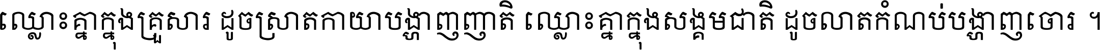 ឈ្លោះ​គ្នា​ក្នុង​គ្រួសារ ដូច​ស្រាត​កាយា​បង្ហាញ​ញាតិ ឈ្លោះគ្នាក្នុង​សង្គមជាតិ ដូច​លាត​កំណប់​បង្ហាញ​ចោរ ។