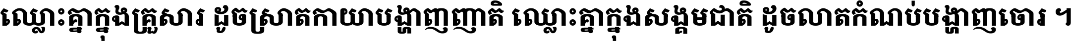 ឈ្លោះ​គ្នា​ក្នុង​គ្រួសារ ដូច​ស្រាត​កាយា​បង្ហាញ​ញាតិ ឈ្លោះគ្នាក្នុង​សង្គមជាតិ ដូច​លាត​កំណប់​បង្ហាញ​ចោរ ។