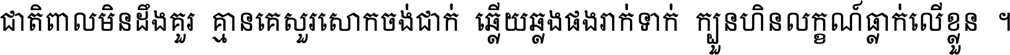 ជាតិ​ពាល​មិន​ដឹង​គួរ គ្មាន​គេ​សួរ​សោក​ចង់​ជាក់ ឆ្លើយ​ឆ្លង​ផង​រាក់​ទាក់​ ក្បួន​ហិន​លក្ខណ៍​ធ្លាក់​លើ​ខ្លួន ។