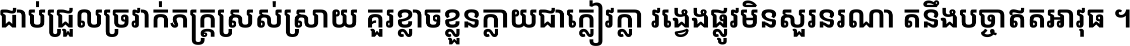 ជាប់​ជ្រួល​ច្រវាក់​ភក្ត្រ​ស្រស់ស្រាយ គួរ​ខ្លាច​ខ្លួន​ក្លាយ​ជា​ក្លៀវក្លា វង្វេង​ផ្លូវ​មិន​សួរន​រណា តនឹងបច្ចា​ឥត​អាវុធ ។