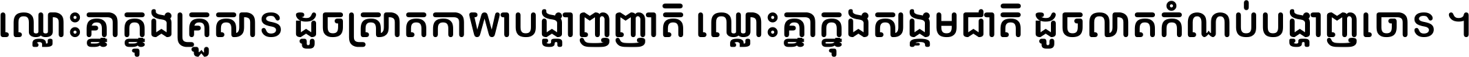 ឈ្លោះ​គ្នា​ក្នុង​គ្រួសារ ដូច​ស្រាត​កាយា​បង្ហាញ​ញាតិ ឈ្លោះគ្នាក្នុង​សង្គមជាតិ ដូច​លាត​កំណប់​បង្ហាញ​ចោរ ។