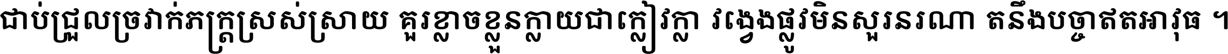 ជាប់​ជ្រួល​ច្រវាក់​ភក្ត្រ​ស្រស់ស្រាយ គួរ​ខ្លាច​ខ្លួន​ក្លាយ​ជា​ក្លៀវក្លា វង្វេង​ផ្លូវ​មិន​សួរន​រណា តនឹងបច្ចា​ឥត​អាវុធ ។