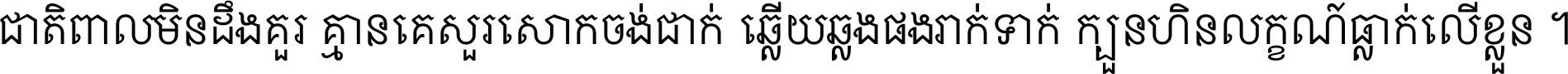 ជាតិ​ពាល​មិន​ដឹង​គួរ គ្មាន​គេ​សួរ​សោក​ចង់​ជាក់ ឆ្លើយ​ឆ្លង​ផង​រាក់​ទាក់​ ក្បួន​ហិន​លក្ខណ៍​ធ្លាក់​លើ​ខ្លួន ។