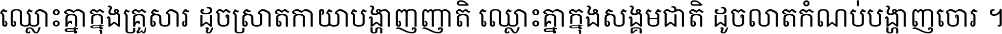 ឈ្លោះ​គ្នា​ក្នុង​គ្រួសារ ដូច​ស្រាត​កាយា​បង្ហាញ​ញាតិ ឈ្លោះគ្នាក្នុង​សង្គមជាតិ ដូច​លាត​កំណប់​បង្ហាញ​ចោរ ។