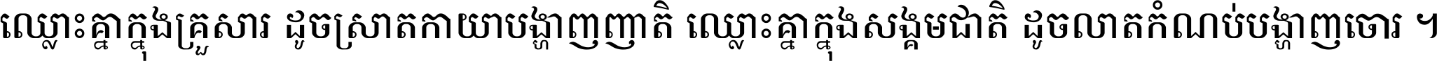 ឈ្លោះ​គ្នា​ក្នុង​គ្រួសារ ដូច​ស្រាត​កាយា​បង្ហាញ​ញាតិ ឈ្លោះគ្នាក្នុង​សង្គមជាតិ ដូច​លាត​កំណប់​បង្ហាញ​ចោរ ។