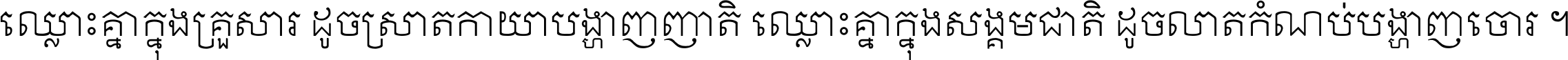 ឈ្លោះ​គ្នា​ក្នុង​គ្រួសារ ដូច​ស្រាត​កាយា​បង្ហាញ​ញាតិ ឈ្លោះគ្នាក្នុង​សង្គមជាតិ ដូច​លាត​កំណប់​បង្ហាញ​ចោរ ។