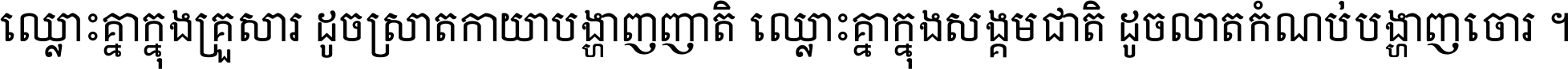 ឈ្លោះ​គ្នា​ក្នុង​គ្រួសារ ដូច​ស្រាត​កាយា​បង្ហាញ​ញាតិ ឈ្លោះគ្នាក្នុង​សង្គមជាតិ ដូច​លាត​កំណប់​បង្ហាញ​ចោរ ។