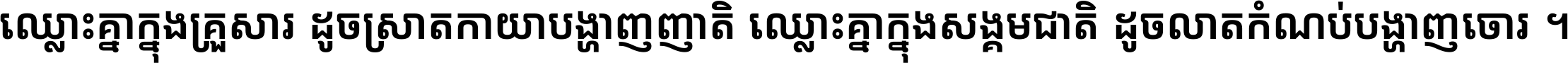 ឈ្លោះ​គ្នា​ក្នុង​គ្រួសារ ដូច​ស្រាត​កាយា​បង្ហាញ​ញាតិ ឈ្លោះគ្នាក្នុង​សង្គមជាតិ ដូច​លាត​កំណប់​បង្ហាញ​ចោរ ។