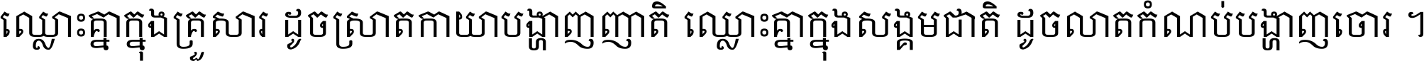 ឈ្លោះ​គ្នា​ក្នុង​គ្រួសារ ដូច​ស្រាត​កាយា​បង្ហាញ​ញាតិ ឈ្លោះគ្នាក្នុង​សង្គមជាតិ ដូច​លាត​កំណប់​បង្ហាញ​ចោរ ។