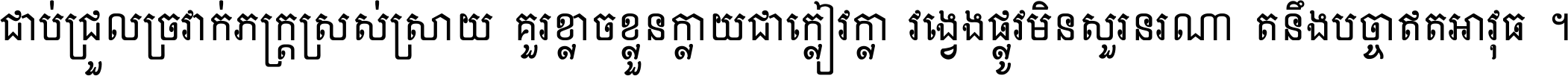 ជាប់​ជ្រួល​ច្រវាក់​ភក្ត្រ​ស្រស់ស្រាយ គួរ​ខ្លាច​ខ្លួន​ក្លាយ​ជា​ក្លៀវក្លា វង្វេង​ផ្លូវ​មិន​សួរន​រណា តនឹងបច្ចា​ឥត​អាវុធ ។