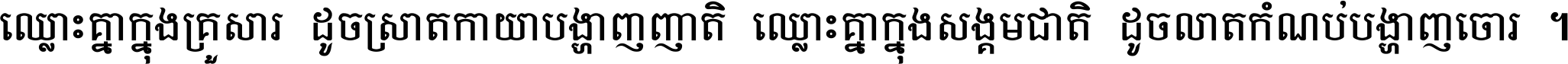 ឈ្លោះ​គ្នា​ក្នុង​គ្រួសារ ដូច​ស្រាត​កាយា​បង្ហាញ​ញាតិ ឈ្លោះគ្នាក្នុង​សង្គមជាតិ ដូច​លាត​កំណប់​បង្ហាញ​ចោរ ។