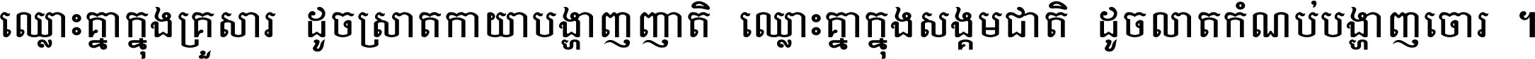 ឈ្លោះ​គ្នា​ក្នុង​គ្រួសារ ដូច​ស្រាត​កាយា​បង្ហាញ​ញាតិ ឈ្លោះគ្នាក្នុង​សង្គមជាតិ ដូច​លាត​កំណប់​បង្ហាញ​ចោរ ។