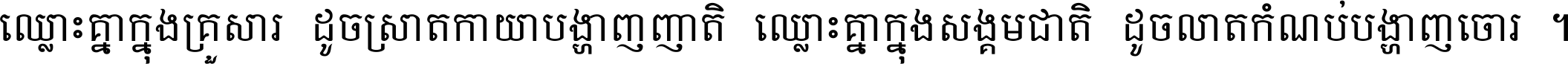 ឈ្លោះ​គ្នា​ក្នុង​គ្រួសារ ដូច​ស្រាត​កាយា​បង្ហាញ​ញាតិ ឈ្លោះគ្នាក្នុង​សង្គមជាតិ ដូច​លាត​កំណប់​បង្ហាញ​ចោរ ។