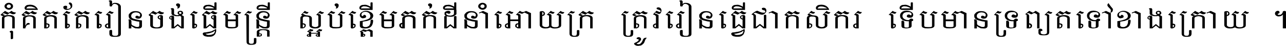 កុំ​គិត​តែ​រៀន​ចង់ធ្វើ​មន្ត្រី ស្អប់​ខ្ពើម​ភក់ដី​នាំអោយ​ក្រ ត្រូវ​រៀន​ធ្វើ​ជា​កសិករ ទើប​មានទ្រព្យ​ត​ទៅ​ខាង​ក្រោយ ។