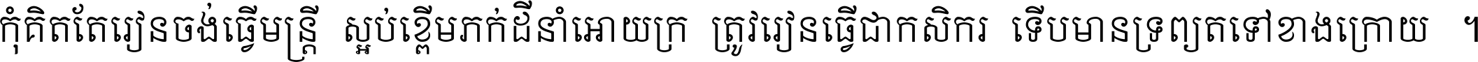 កុំ​គិត​តែ​រៀន​ចង់ធ្វើ​មន្ត្រី ស្អប់​ខ្ពើម​ភក់ដី​នាំអោយ​ក្រ ត្រូវ​រៀន​ធ្វើ​ជា​កសិករ ទើប​មានទ្រព្យ​ត​ទៅ​ខាង​ក្រោយ ។