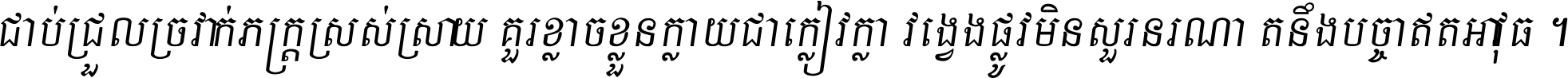 ជាប់​ជ្រួល​ច្រវាក់​ភក្ត្រ​ស្រស់ស្រាយ គួរ​ខ្លាច​ខ្លួន​ក្លាយ​ជា​ក្លៀវក្លា វង្វេង​ផ្លូវ​មិន​សួរន​រណា តនឹងបច្ចា​ឥត​អាវុធ ។