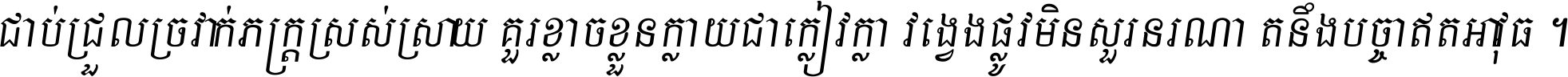 ជាប់​ជ្រួល​ច្រវាក់​ភក្ត្រ​ស្រស់ស្រាយ គួរ​ខ្លាច​ខ្លួន​ក្លាយ​ជា​ក្លៀវក្លា វង្វេង​ផ្លូវ​មិន​សួរន​រណា តនឹងបច្ចា​ឥត​អាវុធ ។