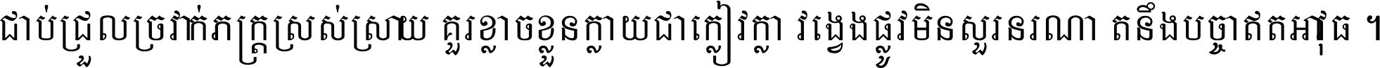ជាប់​ជ្រួល​ច្រវាក់​ភក្ត្រ​ស្រស់ស្រាយ គួរ​ខ្លាច​ខ្លួន​ក្លាយ​ជា​ក្លៀវក្លា វង្វេង​ផ្លូវ​មិន​សួរន​រណា តនឹងបច្ចា​ឥត​អាវុធ ។