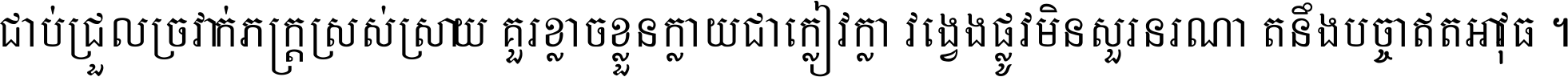 ជាប់​ជ្រួល​ច្រវាក់​ភក្ត្រ​ស្រស់ស្រាយ គួរ​ខ្លាច​ខ្លួន​ក្លាយ​ជា​ក្លៀវក្លា វង្វេង​ផ្លូវ​មិន​សួរន​រណា តនឹងបច្ចា​ឥត​អាវុធ ។