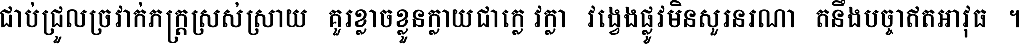 ជាប់​ជ្រួល​ច្រវាក់​ភក្ត្រ​ស្រស់ស្រាយ គួរ​ខ្លាច​ខ្លួន​ក្លាយ​ជា​ក្លៀវក្លា វង្វេង​ផ្លូវ​មិន​សួរន​រណា តនឹងបច្ចា​ឥត​អាវុធ ។