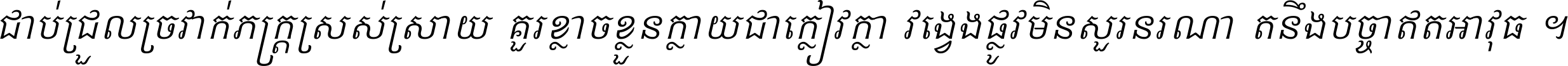 ជាប់​ជ្រួល​ច្រវាក់​ភក្ត្រ​ស្រស់ស្រាយ គួរ​ខ្លាច​ខ្លួន​ក្លាយ​ជា​ក្លៀវក្លា វង្វេង​ផ្លូវ​មិន​សួរន​រណា តនឹងបច្ចា​ឥត​អាវុធ ។