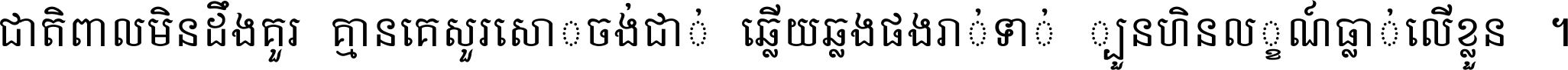 ជាតិ​ពាល​មិន​ដឹង​គួរ គ្មាន​គេ​សួរ​សោក​ចង់​ជាក់ ឆ្លើយ​ឆ្លង​ផង​រាក់​ទាក់​ ក្បួន​ហិន​លក្ខណ៍​ធ្លាក់​លើ​ខ្លួន ។