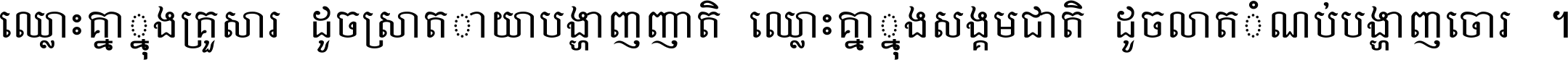 ឈ្លោះ​គ្នា​ក្នុង​គ្រួសារ ដូច​ស្រាត​កាយា​បង្ហាញ​ញាតិ ឈ្លោះគ្នាក្នុង​សង្គមជាតិ ដូច​លាត​កំណប់​បង្ហាញ​ចោរ ។