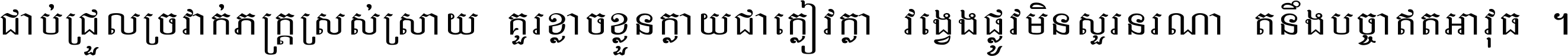 ជាប់​ជ្រួល​ច្រវាក់​ភក្ត្រ​ស្រស់ស្រាយ គួរ​ខ្លាច​ខ្លួន​ក្លាយ​ជា​ក្លៀវក្លា វង្វេង​ផ្លូវ​មិន​សួរន​រណា តនឹងបច្ចា​ឥត​អាវុធ ។