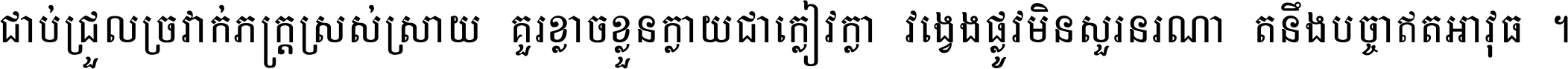 ជាប់​ជ្រួល​ច្រវាក់​ភក្ត្រ​ស្រស់ស្រាយ គួរ​ខ្លាច​ខ្លួន​ក្លាយ​ជា​ក្លៀវក្លា វង្វេង​ផ្លូវ​មិន​សួរន​រណា តនឹងបច្ចា​ឥត​អាវុធ ។