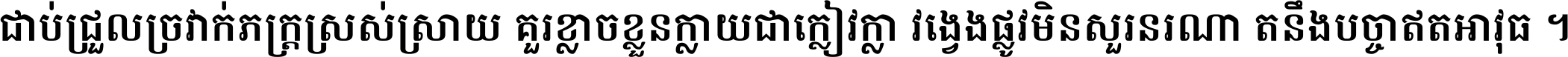 ជាប់​ជ្រួល​ច្រវាក់​ភក្ត្រ​ស្រស់ស្រាយ គួរ​ខ្លាច​ខ្លួន​ក្លាយ​ជា​ក្លៀវក្លា វង្វេង​ផ្លូវ​មិន​សួរន​រណា តនឹងបច្ចា​ឥត​អាវុធ ។