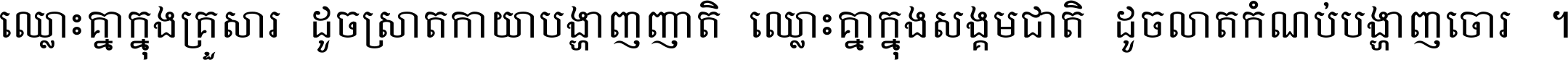 ឈ្លោះ​គ្នា​ក្នុង​គ្រួសារ ដូច​ស្រាត​កាយា​បង្ហាញ​ញាតិ ឈ្លោះគ្នាក្នុង​សង្គមជាតិ ដូច​លាត​កំណប់​បង្ហាញ​ចោរ ។