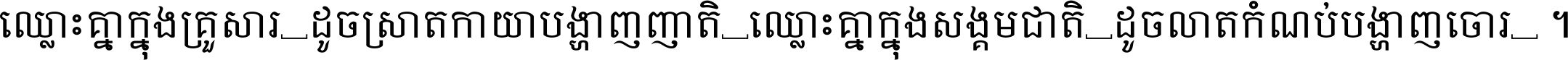 ឈ្លោះ​គ្នា​ក្នុង​គ្រួសារ ដូច​ស្រាត​កាយា​បង្ហាញ​ញាតិ ឈ្លោះគ្នាក្នុង​សង្គមជាតិ ដូច​លាត​កំណប់​បង្ហាញ​ចោរ ។