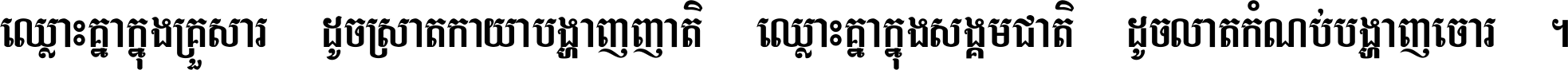 ឈ្លោះ​គ្នា​ក្នុង​គ្រួសារ ដូច​ស្រាត​កាយា​បង្ហាញ​ញាតិ ឈ្លោះគ្នាក្នុង​សង្គមជាតិ ដូច​លាត​កំណប់​បង្ហាញ​ចោរ ។