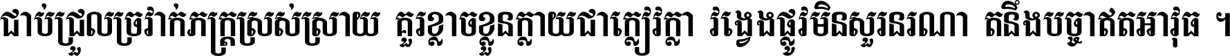 ជាប់​ជ្រួល​ច្រវាក់​ភក្ត្រ​ស្រស់ស្រាយ គួរ​ខ្លាច​ខ្លួន​ក្លាយ​ជា​ក្លៀវក្លា វង្វេង​ផ្លូវ​មិន​សួរន​រណា តនឹងបច្ចា​ឥត​អាវុធ ។