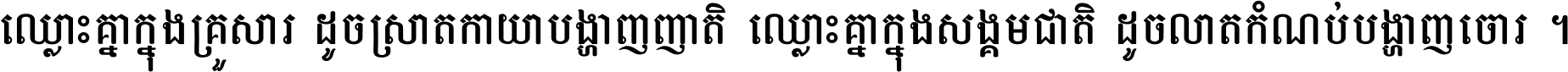 ឈ្លោះ​គ្នា​ក្នុង​គ្រួសារ ដូច​ស្រាត​កាយា​បង្ហាញ​ញាតិ ឈ្លោះគ្នាក្នុង​សង្គមជាតិ ដូច​លាត​កំណប់​បង្ហាញ​ចោរ ។