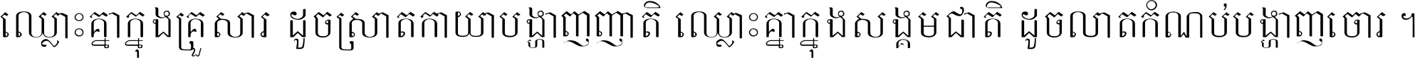 ឈ្លោះ​គ្នា​ក្នុង​គ្រួសារ ដូច​ស្រាត​កាយា​បង្ហាញ​ញាតិ ឈ្លោះគ្នាក្នុង​សង្គមជាតិ ដូច​លាត​កំណប់​បង្ហាញ​ចោរ ។