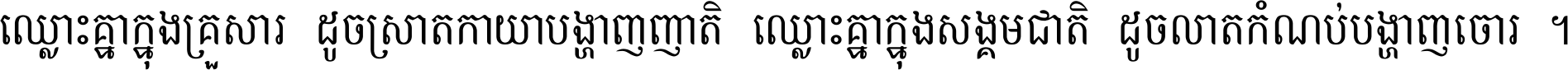 ឈ្លោះ​គ្នា​ក្នុង​គ្រួសារ ដូច​ស្រាត​កាយា​បង្ហាញ​ញាតិ ឈ្លោះគ្នាក្នុង​សង្គមជាតិ ដូច​លាត​កំណប់​បង្ហាញ​ចោរ ។