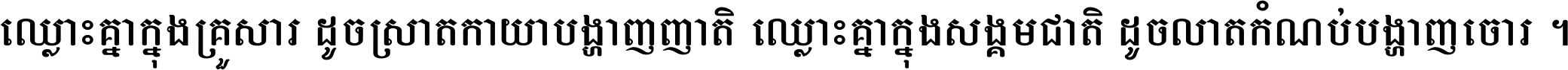 ឈ្លោះ​គ្នា​ក្នុង​គ្រួសារ ដូច​ស្រាត​កាយា​បង្ហាញ​ញាតិ ឈ្លោះគ្នាក្នុង​សង្គមជាតិ ដូច​លាត​កំណប់​បង្ហាញ​ចោរ ។