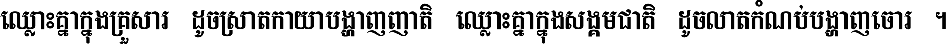 ឈ្លោះ​គ្នា​ក្នុង​គ្រួសារ ដូច​ស្រាត​កាយា​បង្ហាញ​ញាតិ ឈ្លោះគ្នាក្នុង​សង្គមជាតិ ដូច​លាត​កំណប់​បង្ហាញ​ចោរ ។