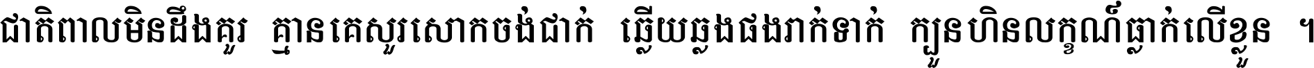 ជាតិ​ពាល​មិន​ដឹង​គួរ គ្មាន​គេ​សួរ​សោក​ចង់​ជាក់ ឆ្លើយ​ឆ្លង​ផង​រាក់​ទាក់​ ក្បួន​ហិន​លក្ខណ៍​ធ្លាក់​លើ​ខ្លួន ។