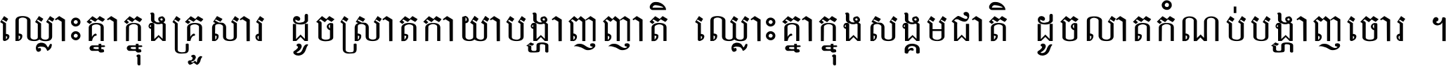 ឈ្លោះ​គ្នា​ក្នុង​គ្រួសារ ដូច​ស្រាត​កាយា​បង្ហាញ​ញាតិ ឈ្លោះគ្នាក្នុង​សង្គមជាតិ ដូច​លាត​កំណប់​បង្ហាញ​ចោរ ។