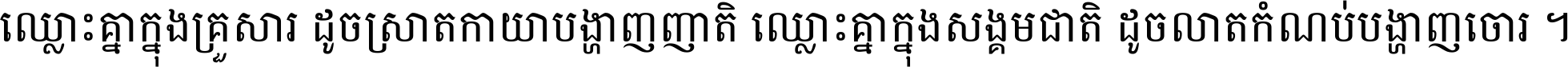 ឈ្លោះ​គ្នា​ក្នុង​គ្រួសារ ដូច​ស្រាត​កាយា​បង្ហាញ​ញាតិ ឈ្លោះគ្នាក្នុង​សង្គមជាតិ ដូច​លាត​កំណប់​បង្ហាញ​ចោរ ។
