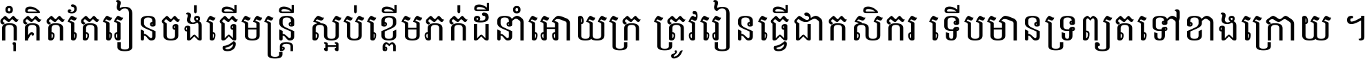 កុំ​គិត​តែ​រៀន​ចង់ធ្វើ​មន្ត្រី ស្អប់​ខ្ពើម​ភក់ដី​នាំអោយ​ក្រ ត្រូវ​រៀន​ធ្វើ​ជា​កសិករ ទើប​មានទ្រព្យ​ត​ទៅ​ខាង​ក្រោយ ។