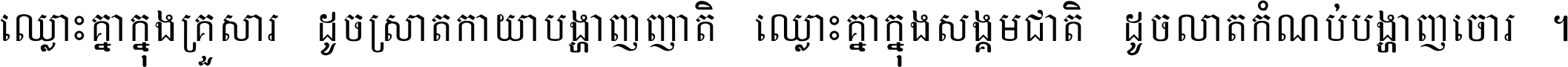 ឈ្លោះ​គ្នា​ក្នុង​គ្រួសារ ដូច​ស្រាត​កាយា​បង្ហាញ​ញាតិ ឈ្លោះគ្នាក្នុង​សង្គមជាតិ ដូច​លាត​កំណប់​បង្ហាញ​ចោរ ។