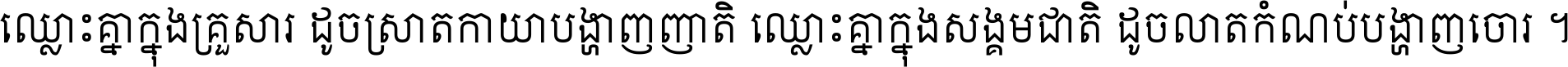 ឈ្លោះ​គ្នា​ក្នុង​គ្រួសារ ដូច​ស្រាត​កាយា​បង្ហាញ​ញាតិ ឈ្លោះគ្នាក្នុង​សង្គមជាតិ ដូច​លាត​កំណប់​បង្ហាញ​ចោរ ។