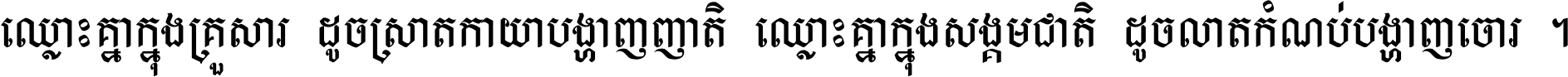 ឈ្លោះ​គ្នា​ក្នុង​គ្រួសារ ដូច​ស្រាត​កាយា​បង្ហាញ​ញាតិ ឈ្លោះគ្នាក្នុង​សង្គមជាតិ ដូច​លាត​កំណប់​បង្ហាញ​ចោរ ។