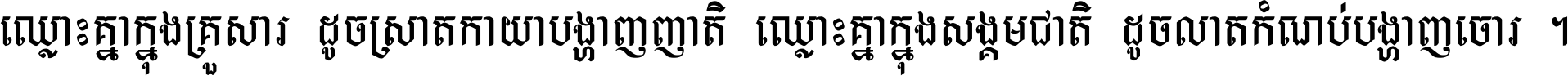 ឈ្លោះ​គ្នា​ក្នុង​គ្រួសារ ដូច​ស្រាត​កាយា​បង្ហាញ​ញាតិ ឈ្លោះគ្នាក្នុង​សង្គមជាតិ ដូច​លាត​កំណប់​បង្ហាញ​ចោរ ។